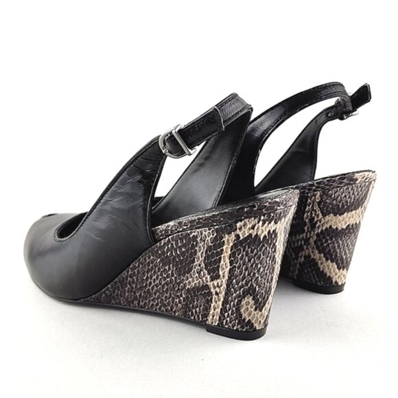 ARTURO CHIANG Black Leather Reptile Print Wedge Slingback Shoe Peep Toe Sz 7.5M - Picture 4 of 16